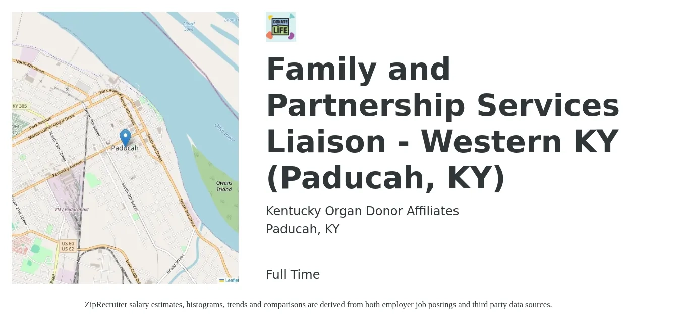 Kentucky Organ Donor Affiliates job posting for a Family and Partnership Services Liaison - Western KY (Paducah, KY) in Paducah, KY with a salary of $37,700 to $67,500 Yearly with a map of Paducah location.