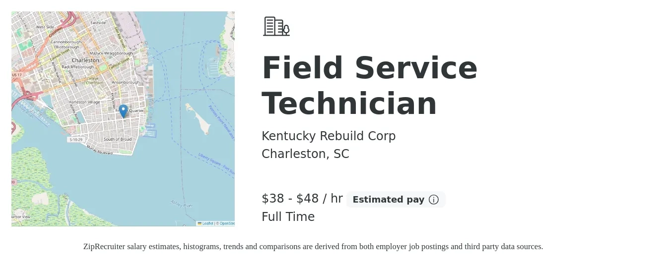 Kentucky Rebuild Corp job posting for a Field Service Technician in Charleston, SC with a salary of $40 to $50 Hourly with a map of Charleston location.