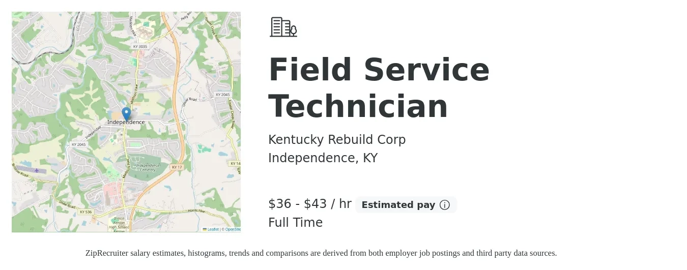 Kentucky Rebuild Corp job posting for a Field Service Technician in Independence, KY with a salary of $38 to $45 Hourly with a map of Independence location.