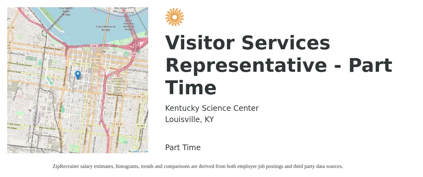 Kentucky Science Center job posting for a Visitor Services Representative - Part Time in Louisville, KY with a salary of $17 to $32 Hourly with a map of Louisville location.