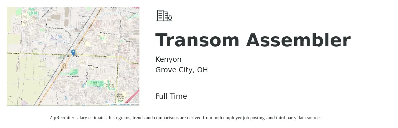 Kenyon job posting for a Transom Assembler in Grove City, OH with a salary of $15 to $18 Hourly with a map of Grove City location.