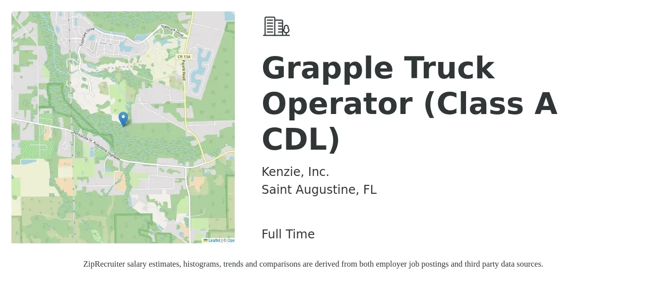 Kenzie, Inc. job posting for a Grapple Truck Operator (Class A CDL) in Saint Augustine, FL with a salary of $1,050 to $1,510 Weekly with a map of Saint Augustine location.