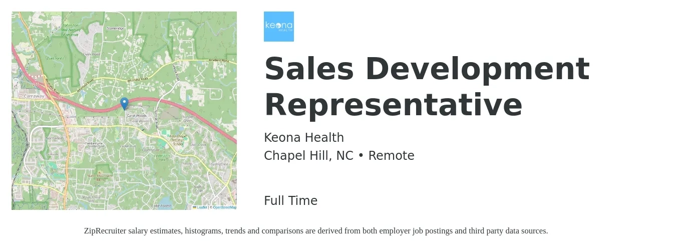 Keona Health job posting for a Sales Development Representative in Chapel Hill, NC with a salary of $34,900 to $50,600 Yearly with a map of Chapel Hill location.