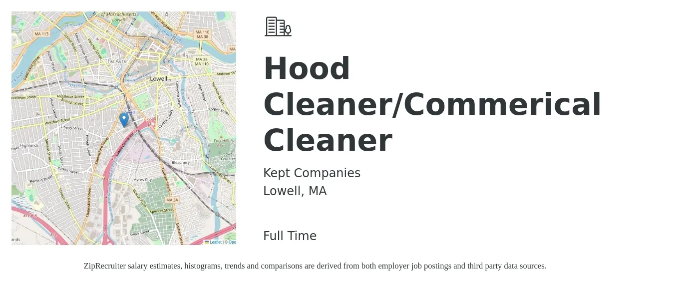 Kept Companies job posting for a Hood Cleaner/Commerical Cleaner in Lowell, MA with a salary of $23 to $25 Hourly with a map of Lowell location.