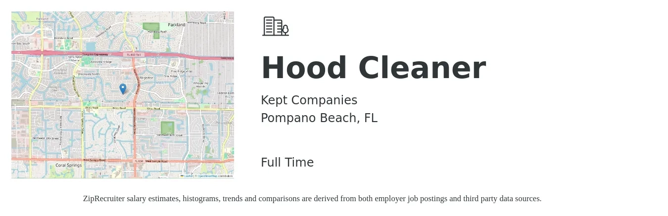 Kept Companies job posting for a Hood Cleaner in Pompano Beach, FL with a salary of $16 to $20 Hourly with a map of Pompano Beach location.