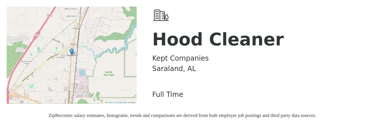 Kept Companies job posting for a Hood Cleaner in Saraland, AL with a salary of $16 to $18 Hourly with a map of Saraland location.
