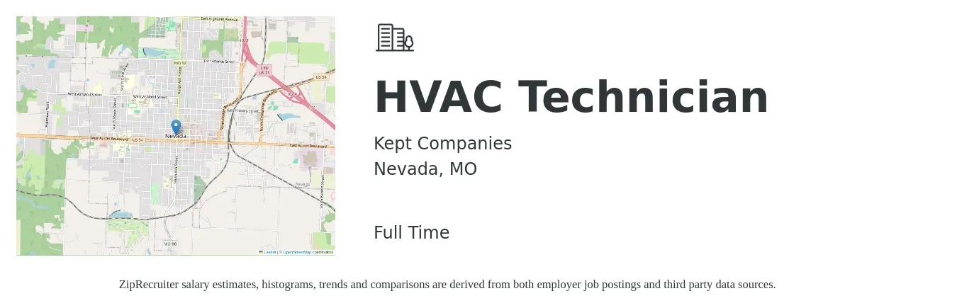 Kept Companies job posting for a HVAC Technician in Nevada, MO with a salary of $40 Hourly with a map of Nevada location.
