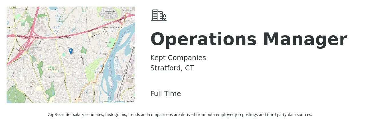 Kept Companies job posting for a Operations Manager in Stratford, CT with a salary of $125,000 Yearly with a map of Stratford location.
