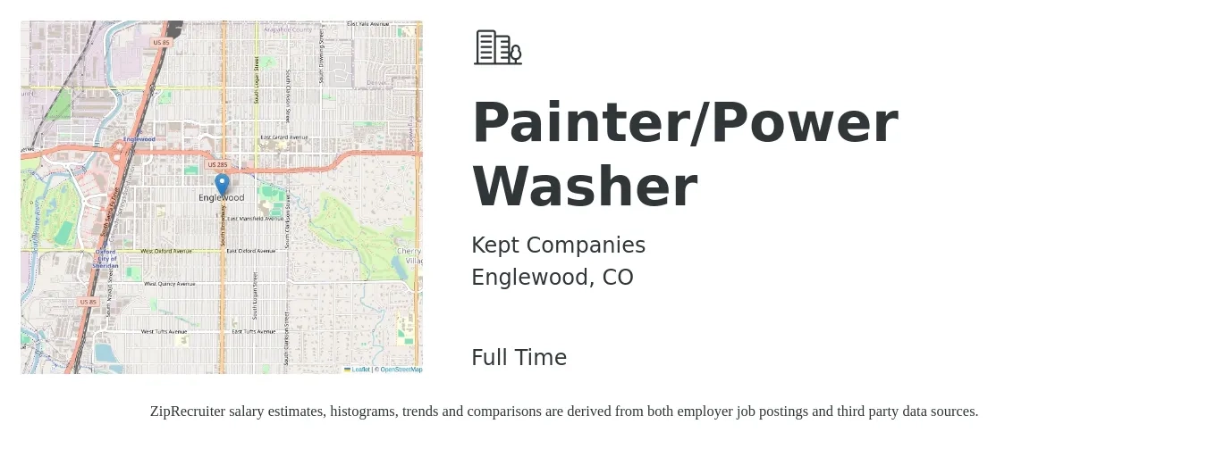 Kept Companies job posting for a Painter/Power Washer in Englewood, CO with a salary of $18 to $23 Hourly with a map of Englewood location.