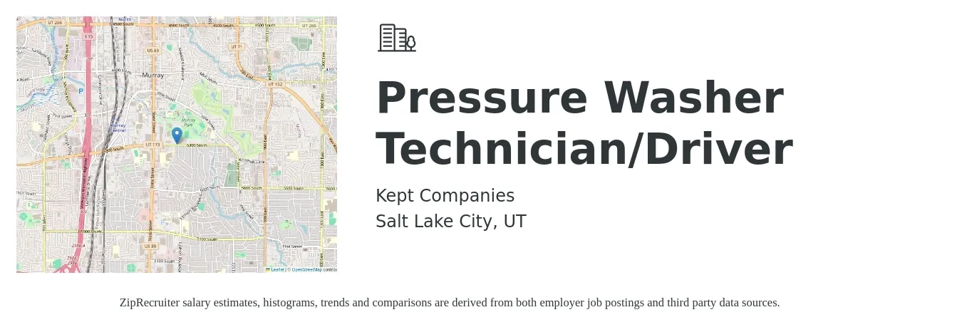 Kept Companies job posting for a Pressure Washer Technician/Driver in Salt Lake City, UT with a salary of $17 Hourly with a map of Salt Lake City location.
