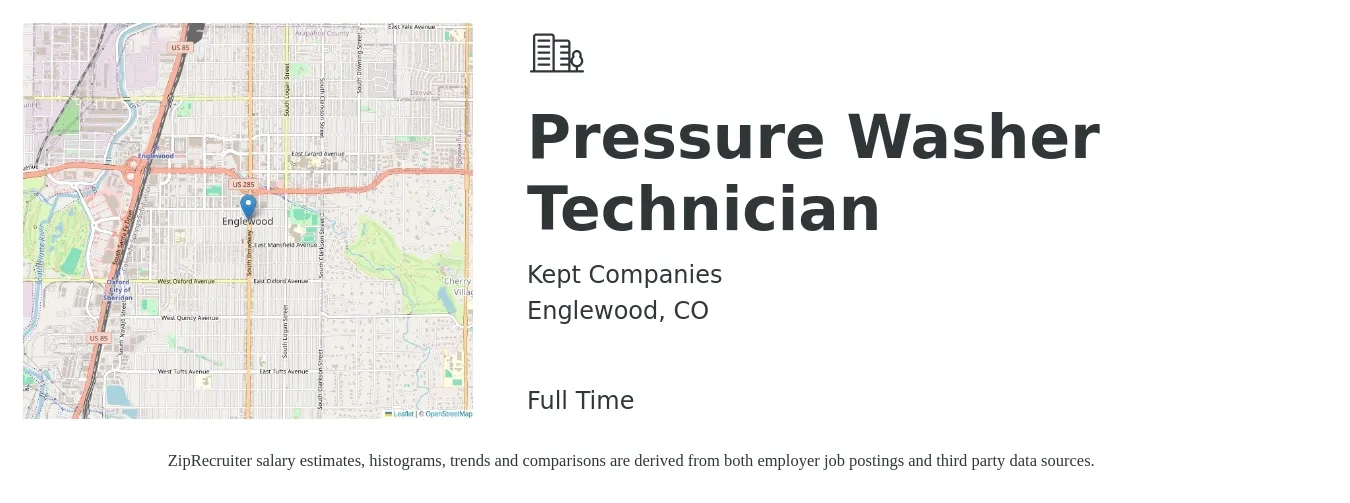 Kept Companies job posting for a Pressure Washer Technician in Englewood, CO with a salary of $18 to $23 Hourly with a map of Englewood location.