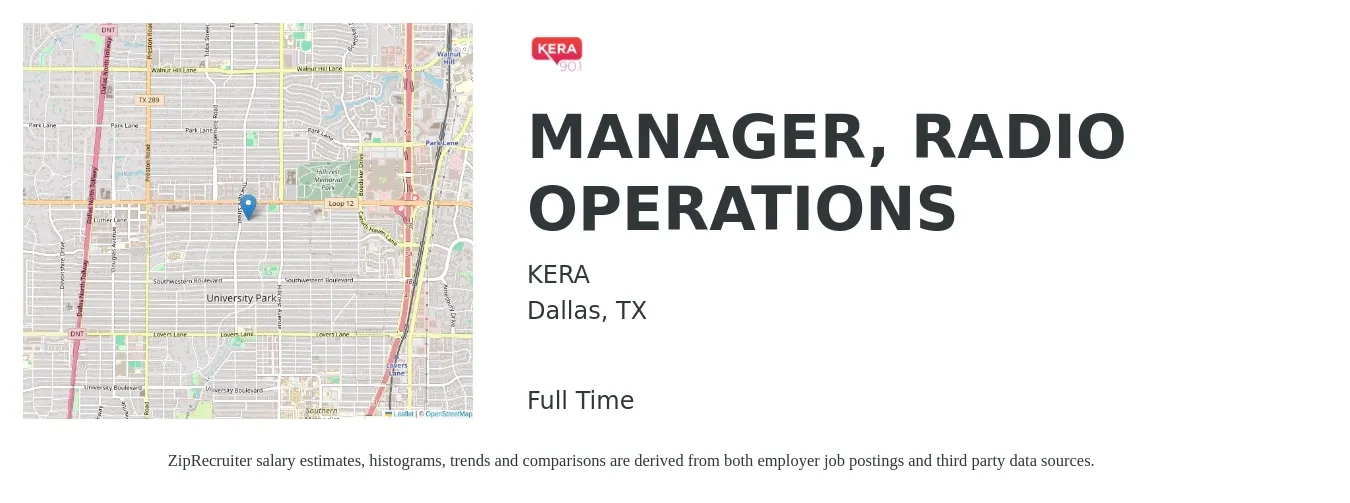 KERA job posting for a MANAGER, RADIO OPERATIONS in Dallas, TX with a salary of $36,700 to $69,400 Yearly with a map of Dallas location.