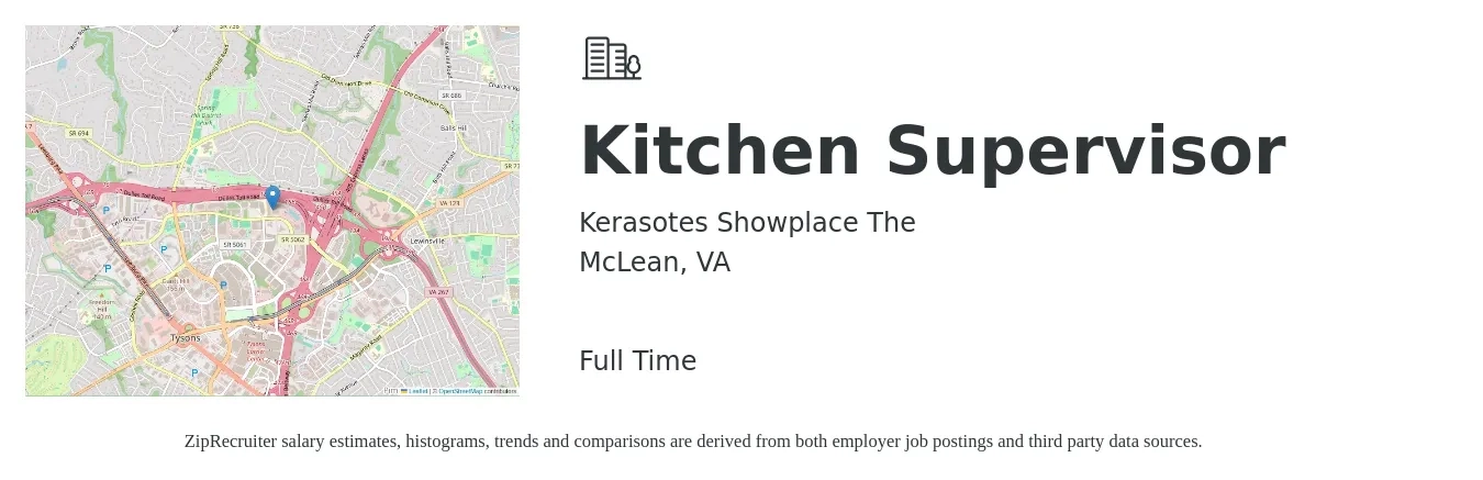 Kerasotes Showplace The job posting for a Kitchen Supervisor in McLean, VA with a salary of $39,400 to $63,200 Yearly with a map of McLean location.