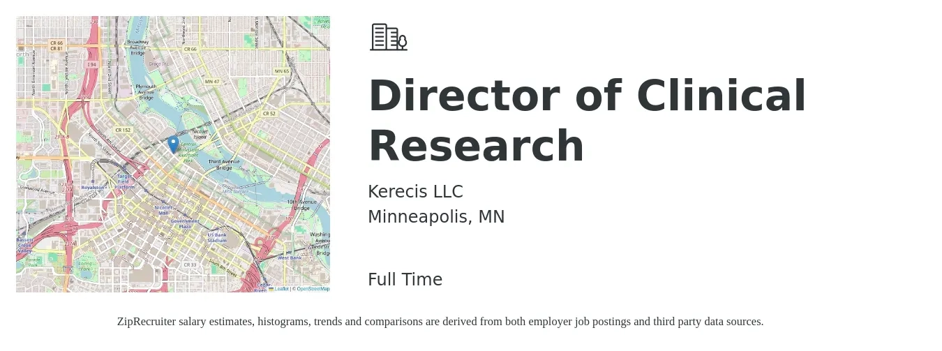 Kerecis LLC job posting for a Director of Clinical Research in Minneapolis, MN with a salary of $35 to $78 Hourly with a map of Minneapolis location.