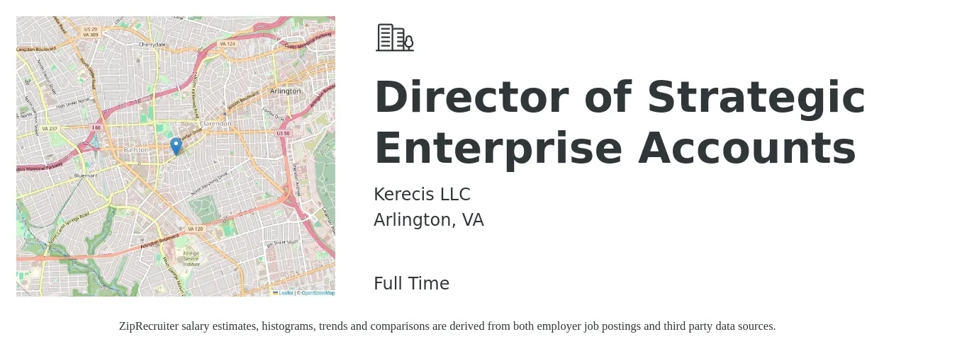 Kerecis LLC job posting for a Director of Strategic Enterprise Accounts in Arlington, VA with a salary of $107,200 to $171,700 Yearly with a map of Arlington location.
