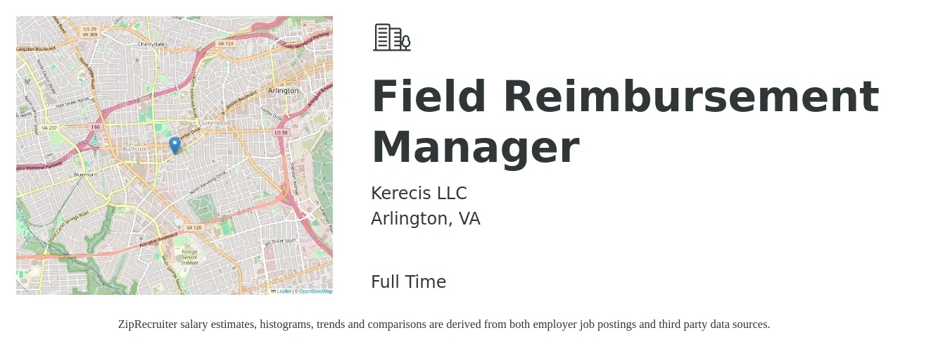 Kerecis LLC job posting for a Field Reimbursement Manager in Arlington, VA with a salary of $66,300 to $94,500 Yearly with a map of Arlington location.