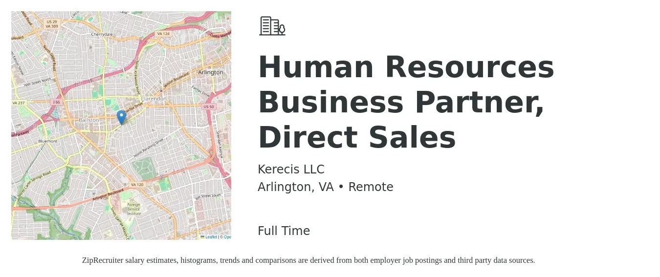 Kerecis LLC job posting for a Human Resources Business Partner, Direct Sales in Arlington, VA with a salary of $83,000 to $118,100 Yearly with a map of Arlington location.