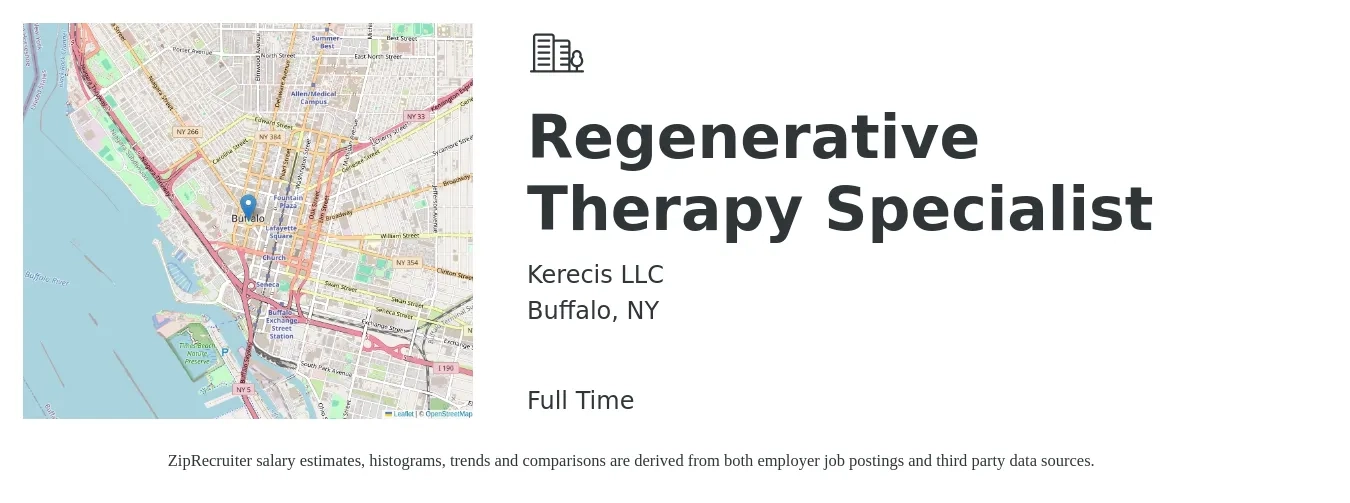 Kerecis LLC job posting for a Regenerative Therapy Specialist in Buffalo, NY with a salary of $22 to $30 Hourly with a map of Buffalo location.