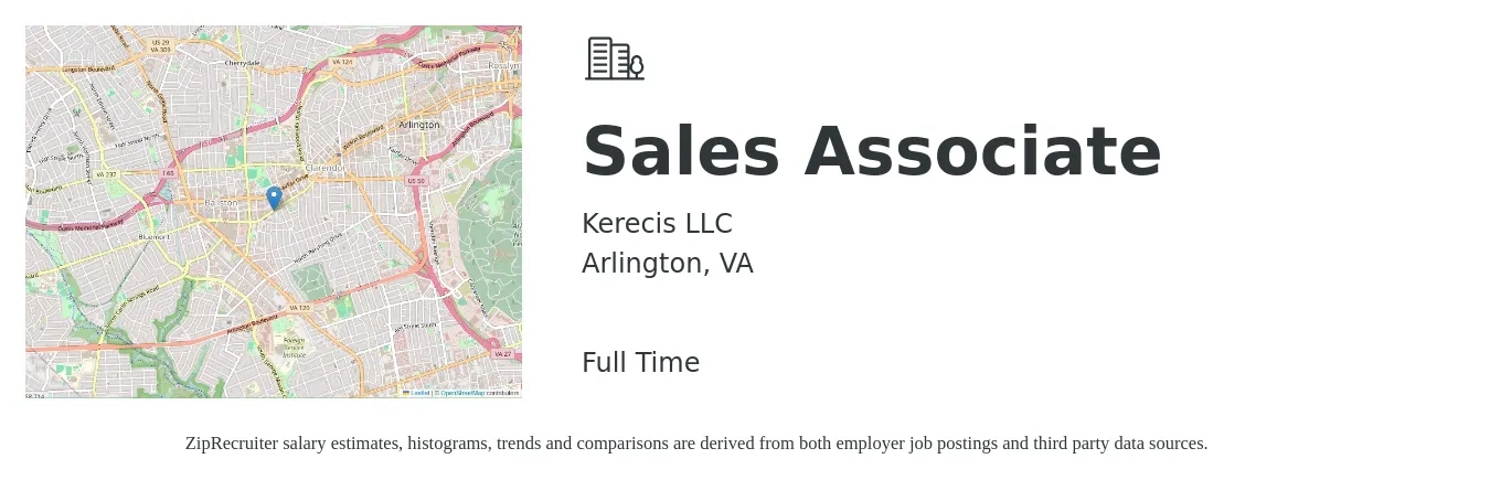 Kerecis LLC job posting for a Sales Associate in Arlington, VA with a salary of $16 to $22 Hourly with a map of Arlington location.