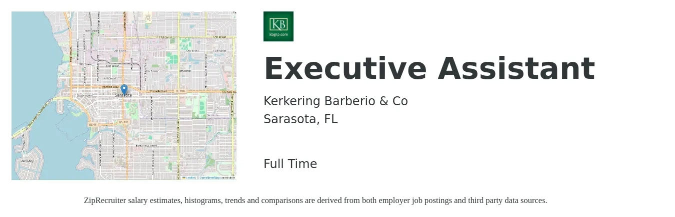 Kerkering Barberio & Co job posting for a Executive Assistant in Sarasota, FL with a salary of $48,200 to $72,300 Yearly with a map of Sarasota location.