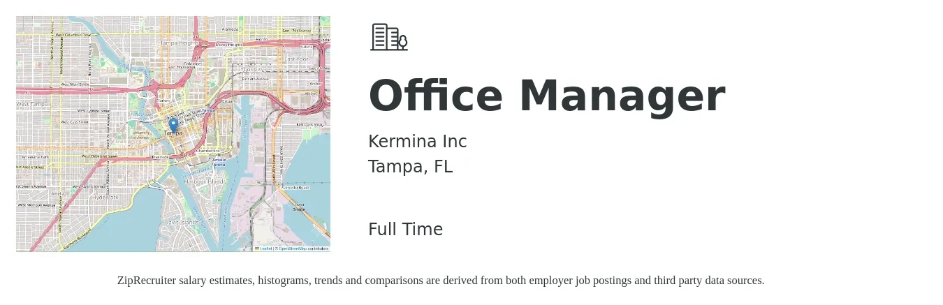 Kermina Inc job posting for a Office Manager in Tampa, FL with a salary of $36,200 to $53,400 Yearly with a map of Tampa location.