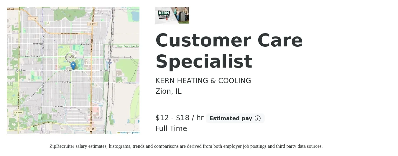 KERN HEATING & COOLING job posting for a Customer Care Specialist in Zion, IL with a salary of $13 to $19 Hourly with a map of Zion location.