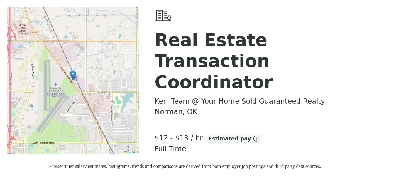 Kerr Team @ Your Home Sold Guaranteed Realty job posting for a Real Estate Transaction Coordinator in Norman, OK with a salary of $14 to $14 Hourly with a map of Norman location.
