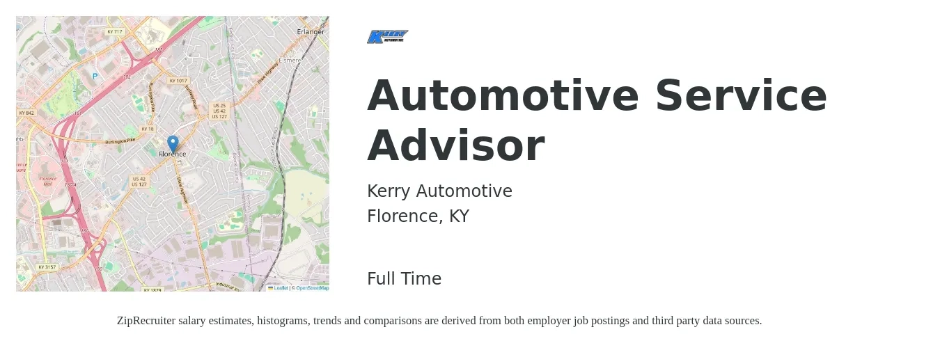 Kerry Automotive job posting for a Automotive Service Advisor in Florence, KY with a salary of $19 to $31 Hourly with a map of Florence location.