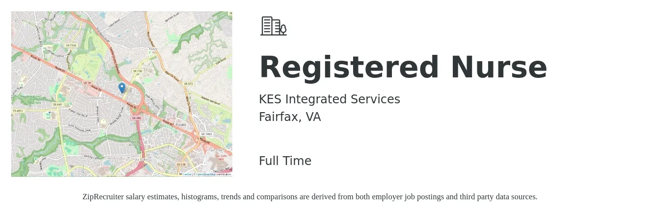 KES Integrated Services job posting for a Registered Nurse in Fairfax, VA with a salary of $34 to $53 Hourly with a map of Fairfax location.