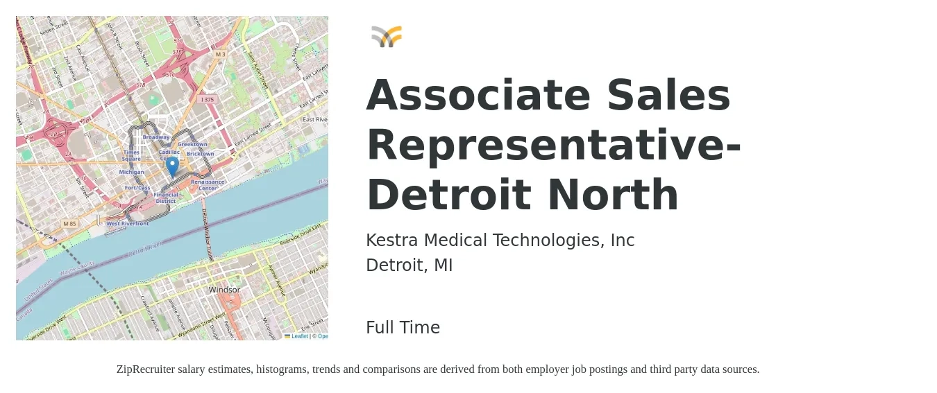 Kestra Medical Technologies, Inc job posting for a Associate Sales Representative- Detroit North in Detroit, MI with a salary of $39,600 to $84,600 Yearly with a map of Detroit location.