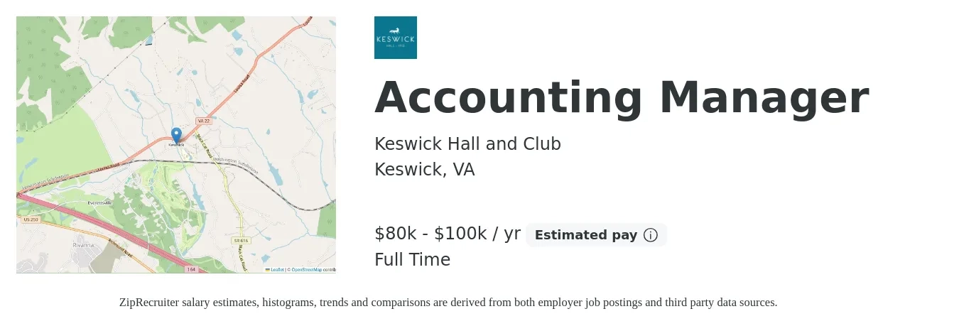 Keswick Hall and Club job posting for a Accounting Manager in Keswick, VA with a salary of $80,000 to $100,000 Yearly with a map of Keswick location.