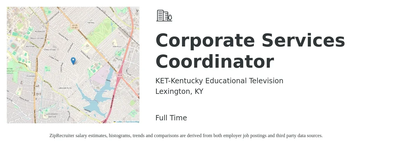 KET-Kentucky Educational Television job posting for a Corporate Services Coordinator in Lexington, KY with a salary of $43,900 to $63,100 Yearly with a map of Lexington location.