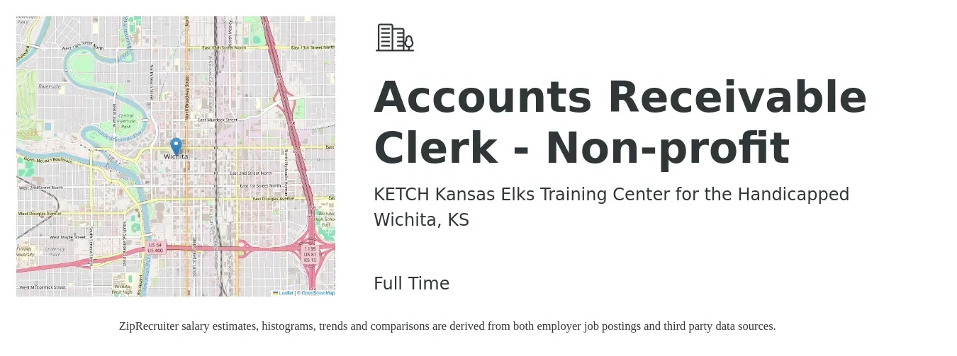 KETCH Kansas Elks Training Center for the Handicapped job posting for a Accounts Receivable Clerk - Non-profit in Wichita, KS with a salary of $17 to $22 Hourly with a map of Wichita location.