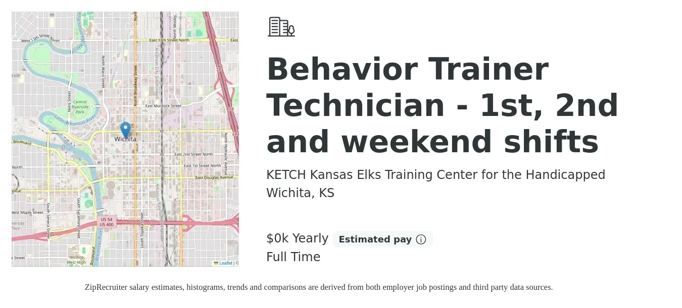 KETCH Kansas Elks Training Center for the Handicapped job posting for a Behavior Trainer Technician - 1st, 2nd and weekend shifts in Wichita, KS with a salary of $14 to $17 Yearly with a map of Wichita location.