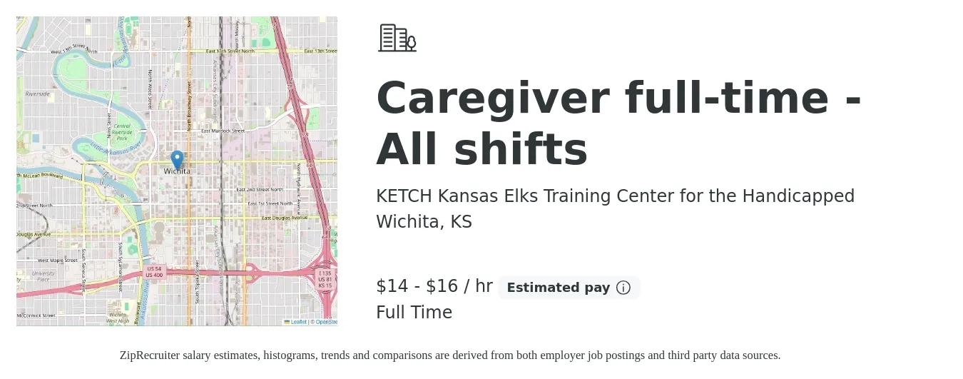 KETCH Kansas Elks Training Center for the Handicapped job posting for a Caregiver full-time - All shifts in Wichita, KS with a salary of $15 to $17 Hourly with a map of Wichita location.