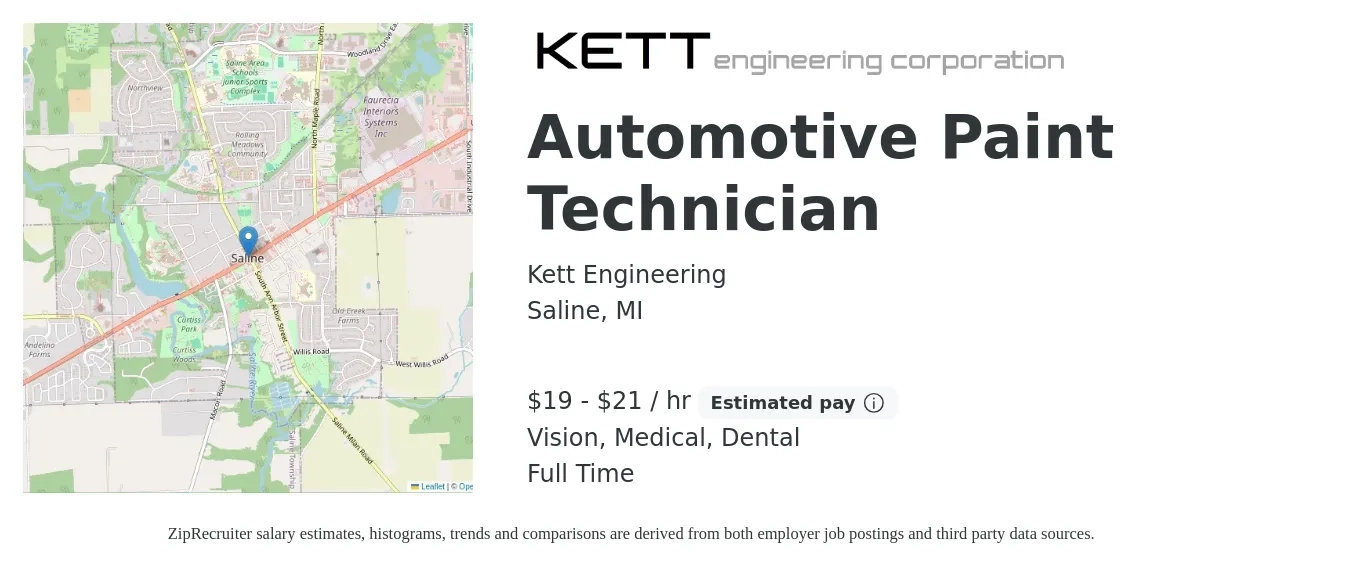 Kett Engineering job posting for a Automotive Paint Technician in Saline, MI with a salary of $20 to $22 Hourly and benefits including dental, life_insurance, medical, pto, retirement, and vision with a map of Saline location.