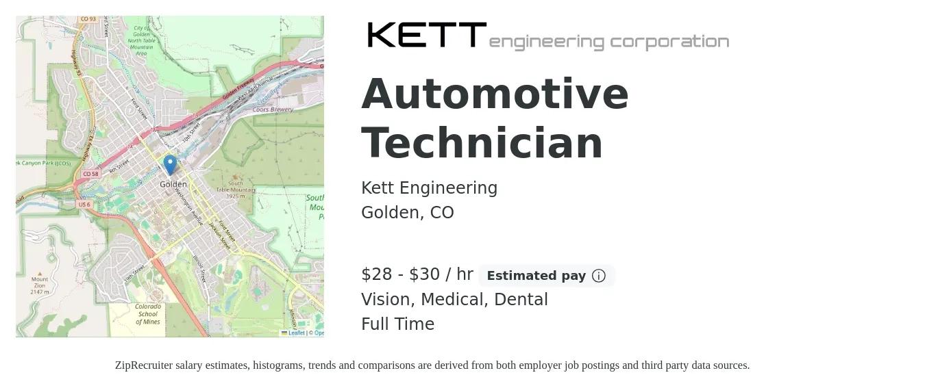 Kett Engineering job posting for a Automotive Technician in Golden, CO with a salary of $30 to $32 Hourly and benefits including life_insurance, medical, pto, retirement, vision, and dental with a map of Golden location.