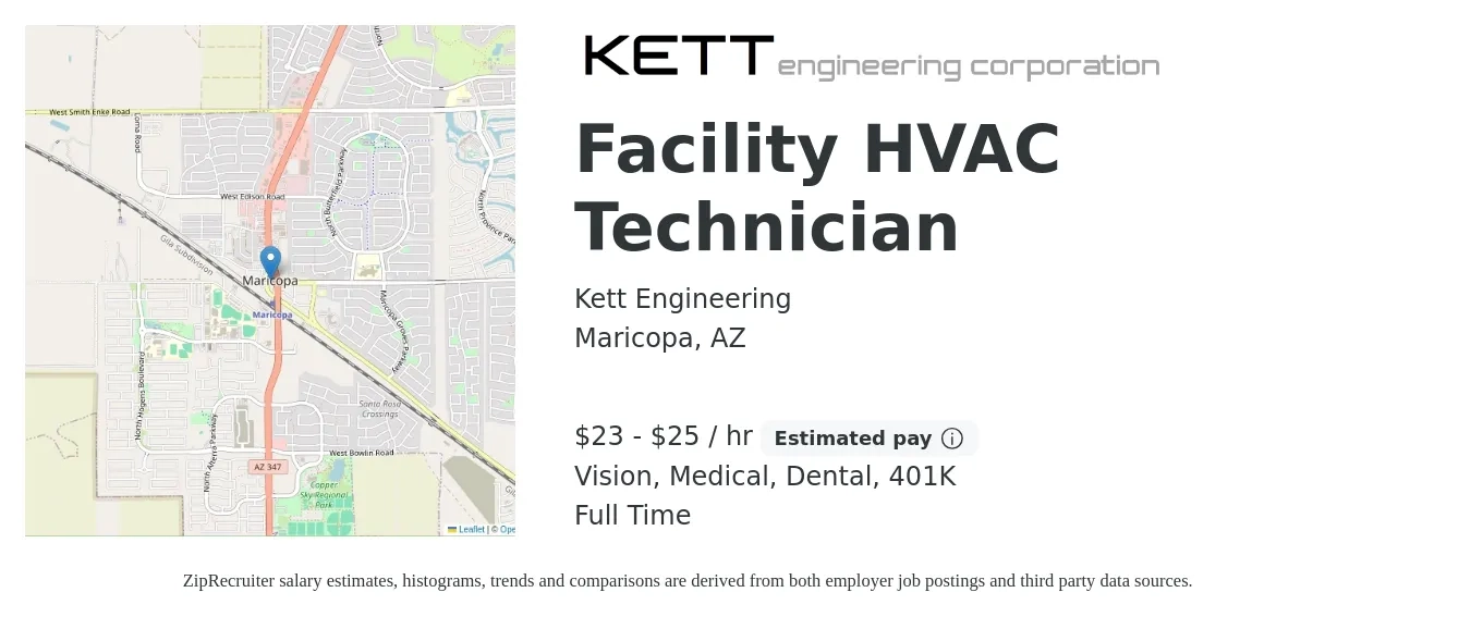 Kett Engineering job posting for a Facility HVAC Technician in Maricopa, AZ with a salary of $24 to $27 Hourly and benefits including 401k, dental, life_insurance, medical, and vision with a map of Maricopa location.