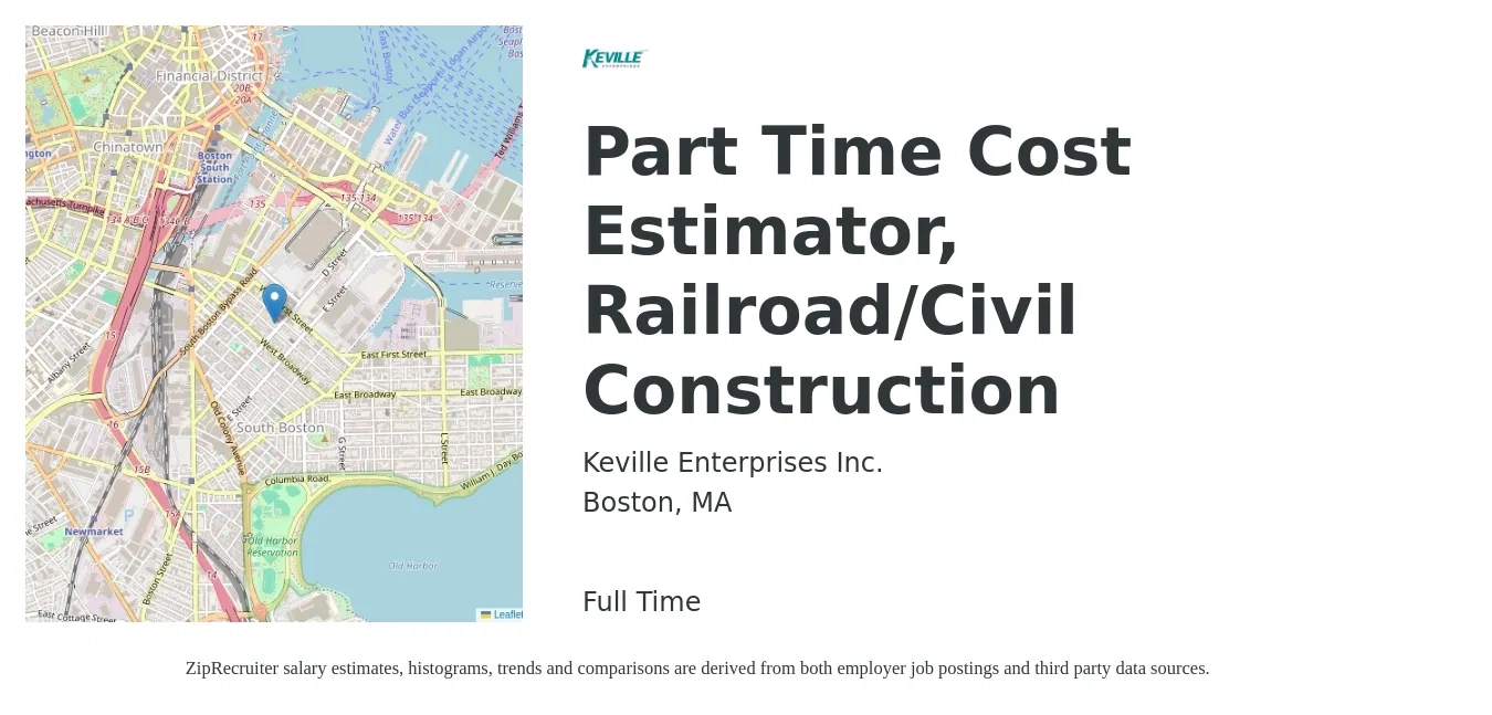 Keville Enterprises Inc. job posting for a Part Time Cost Estimator, Railroad/Civil Construction in Boston, MA with a salary of $73,000 to $113,300 Yearly with a map of Boston location.
