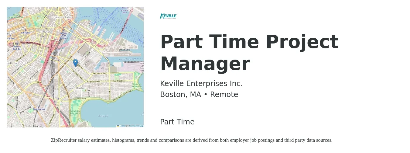 Keville Enterprises Inc. job posting for a Part Time Project Manager in Boston, MA with a salary of $112,800 to $159,100 Yearly with a map of Boston location.