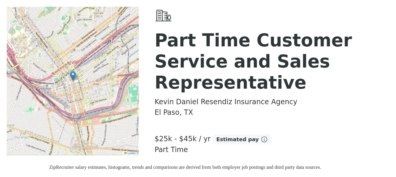 Kevin Daniel Resendiz Insurance Agency job posting for a Part Time Customer Service and Sales Representative in El Paso, TX with a salary of $25,000 to $45,000 Yearly with a map of El Paso location.