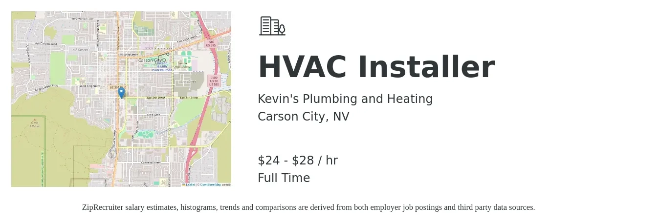Kevin's Plumbing and Heating job posting for a HVAC Installer in Carson City, NV with a salary of $25 to $30 Hourly with a map of Carson City location.