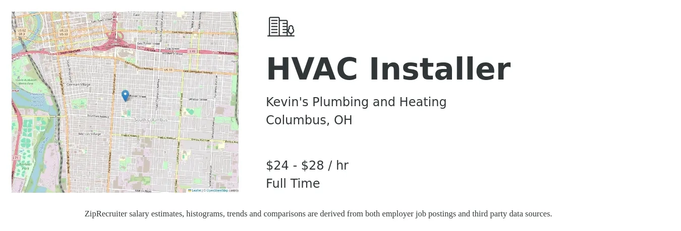 Kevin's Plumbing and Heating job posting for a HVAC Installer in Columbus, OH with a salary of $25 to $30 Hourly with a map of Columbus location.
