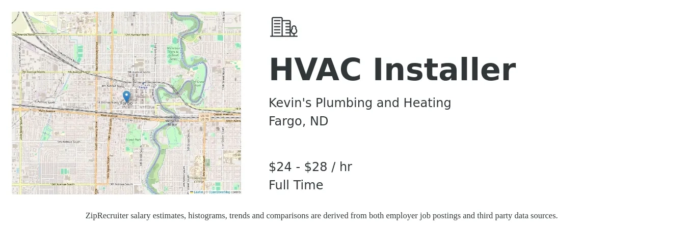 Kevin's Plumbing and Heating job posting for a HVAC Installer in Fargo, ND with a salary of $25 to $30 Hourly with a map of Fargo location.