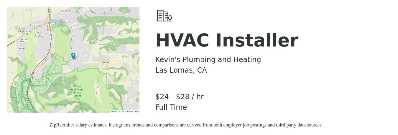 Kevin's Plumbing and Heating job posting for a HVAC Installer in Las Lomas, CA with a salary of $25 to $30 Hourly with a map of Las Lomas location.