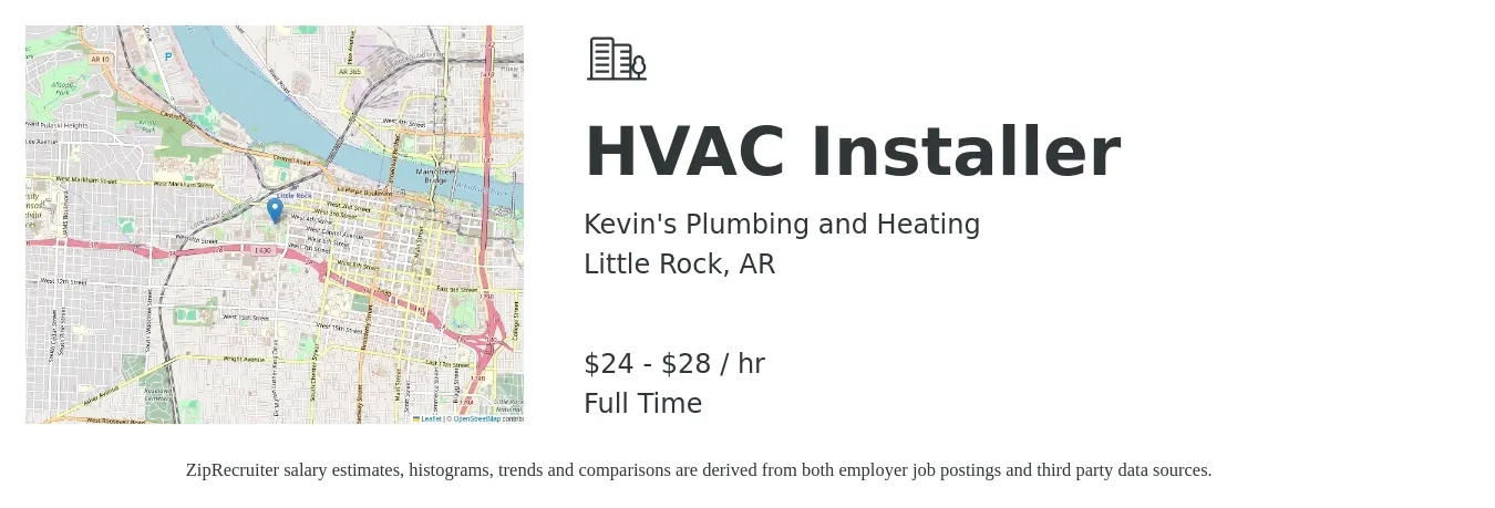 Kevin's Plumbing and Heating job posting for a HVAC Installer in Little Rock, AR with a salary of $25 to $30 Hourly with a map of Little Rock location.