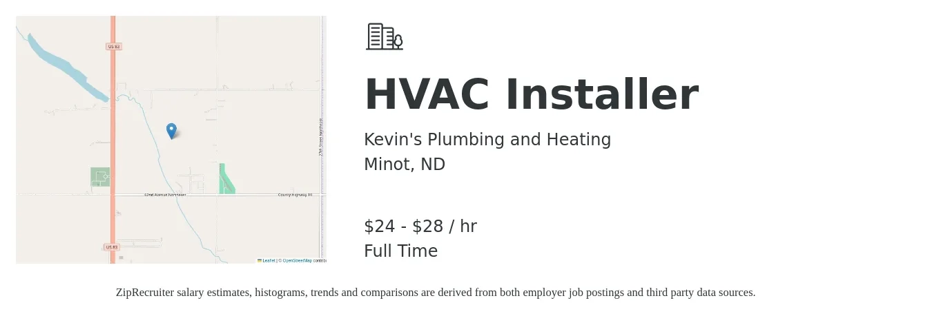 Kevin's Plumbing and Heating job posting for a HVAC Installer in Minot, ND with a salary of $25 to $30 Hourly with a map of Minot location.