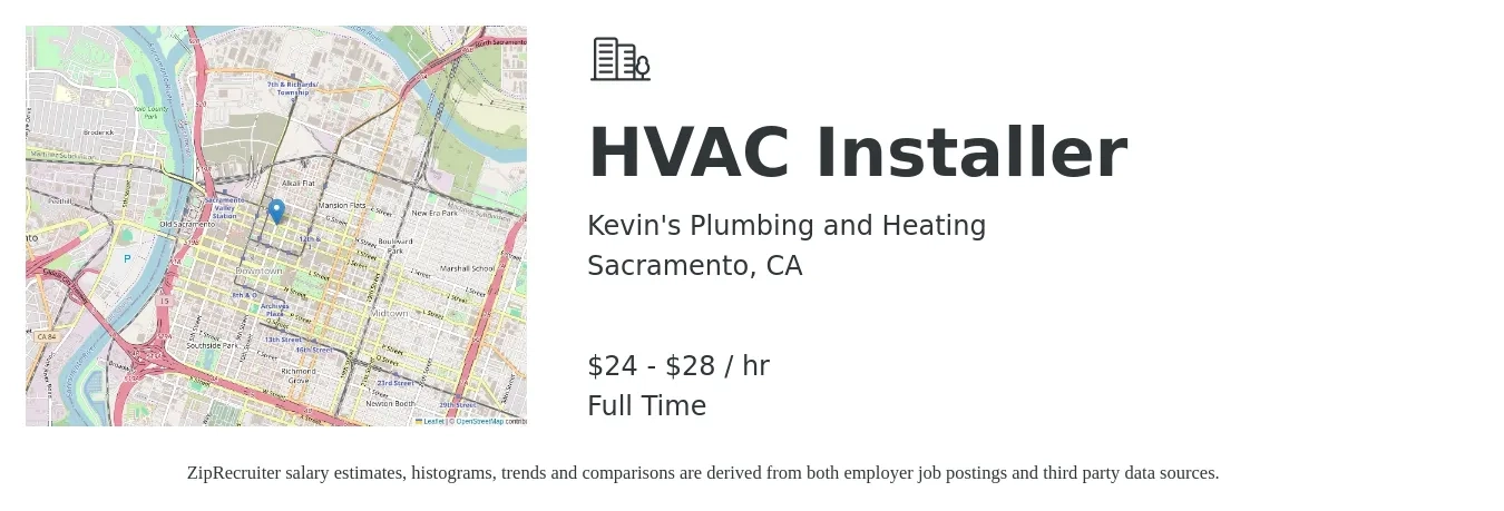 Kevin's Plumbing and Heating job posting for a HVAC Installer in Sacramento, CA with a salary of $25 to $30 Hourly with a map of Sacramento location.