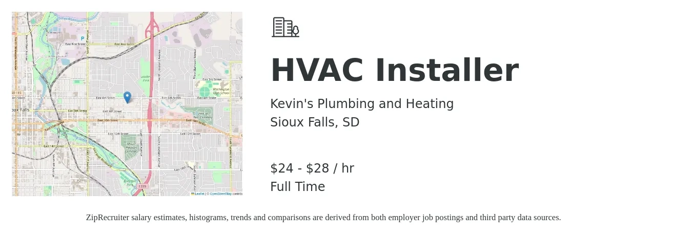 Kevin's Plumbing and Heating job posting for a HVAC Installer in Sioux Falls, SD with a salary of $25 to $30 Hourly with a map of Sioux Falls location.