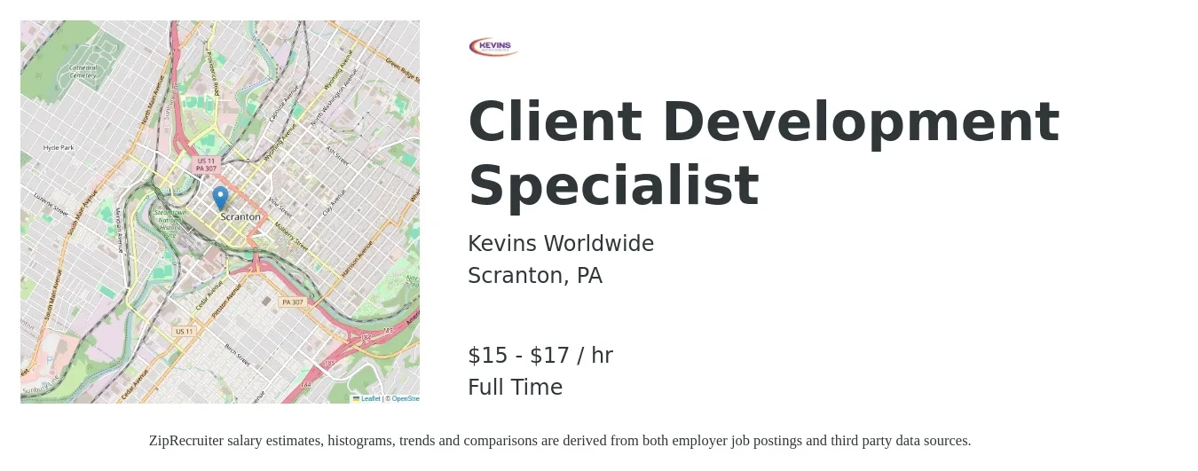 Kevins Worldwide job posting for a Client Development Specialist in Scranton, PA with a salary of $16 to $18 Hourly with a map of Scranton location.